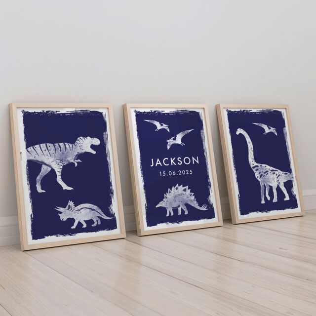 Boys Dinosaur Bedroom Prints, Set Of 3 Personalised Prints For Boys Or Girls Nursery Bedroom, Wall Decor, T-Rex Dinos, Any Colour - image 1