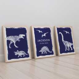 Boys Dinosaur Bedroom Prints, Set Of 3 Personalised Prints For Boys Or Girls Nursery Bedroom, Wall Decor, T-Rex Dinos, Any Colour - thumbnail 1