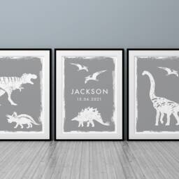 Boys Dinosaur Bedroom Prints, Set Of 3 Personalised Prints For Boys Or Girls Nursery Bedroom, Wall Decor, T-Rex Dinos, Any Colour - thumbnail 3