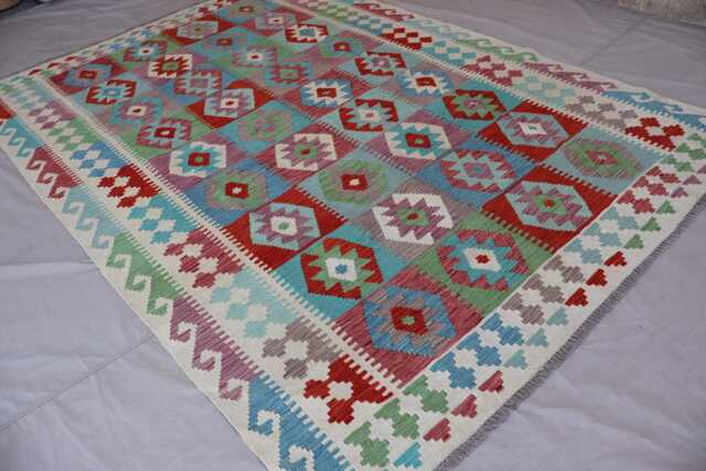 7x10 Flatweave Area Rug, Afghan Handmade Kilim Wool Green Blue Beige Orange Red, Tribal Geometric Oriental Boho Bedroom Rug - image 1