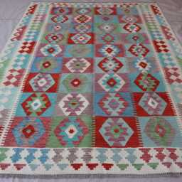 7x10 Flatweave Area Rug, Afghan Handmade Kilim Wool Green Blue Beige Orange Red, Tribal Geometric Oriental Boho Bedroom Rug - thumbnail 2