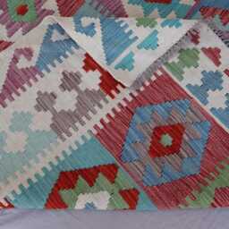 7x10 Flatweave Area Rug, Afghan Handmade Kilim Wool Green Blue Beige Orange Red, Tribal Geometric Oriental Boho Bedroom Rug - thumbnail 4