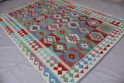 7x10 Flatweave Area Rug, Afghan Handmade Kilim Wool Green Blue Beige Orange Red, Tribal Geometric Oriental Boho Bedroom Rug - thumbnail 1