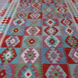 7x10 Flatweave Area Rug, Afghan Handmade Kilim Wool Green Blue Beige Orange Red, Tribal Geometric Oriental Boho Bedroom Rug - thumbnail 3