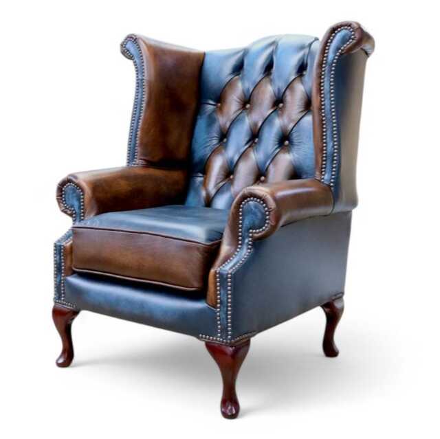 British Handmade High Back Queen Anne Chair Patchwork Real Leather Antique Tan & Blue - image 1