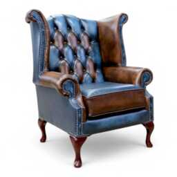 British Handmade High Back Queen Anne Chair Patchwork Real Leather Antique Tan & Blue - thumbnail 2