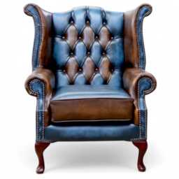 British Handmade High Back Queen Anne Chair Patchwork Real Leather Antique Tan & Blue - thumbnail 3
