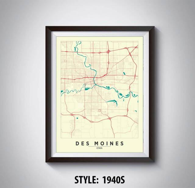 Des Moines Ia Map Poster Vintage Style Office Wall Art - image 1