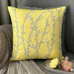Yellow Art Silk, Stone, Zardozi Embroidered Nature & Floral Contemporary Throw Pillow Cover/Euro Sham - Crystal Willow - thumbnail 1
