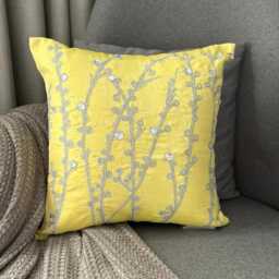 Yellow Art Silk, Stone, Zardozi Embroidered Nature & Floral Contemporary Throw Pillow Cover/Euro Sham - Crystal Willow - thumbnail 3