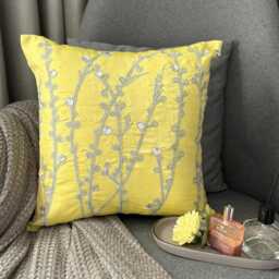 Yellow Art Silk, Stone, Zardozi Embroidered Nature & Floral Contemporary Throw Pillow Cover/Euro Sham - Crystal Willow - thumbnail 2