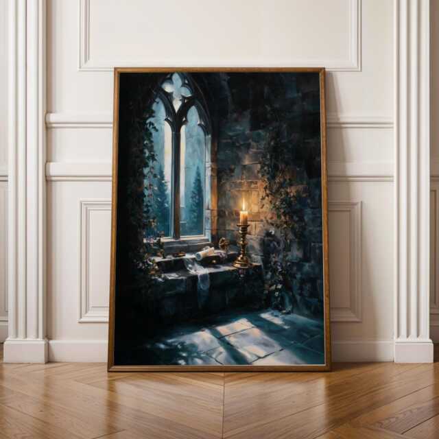 Castlecore Print, Dark Academia Medieval Sanctuary Alcove, Art Blue Gold Green Decor, Living Room Wall Art, Gift For Coworker - image 1