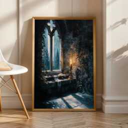 Castlecore Print, Dark Academia Medieval Sanctuary Alcove, Art Blue Gold Green Decor, Living Room Wall Art, Gift For Coworker - thumbnail 2