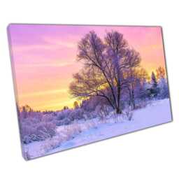 Enchanting Purple Snowy Woodland Canvas Early Morning Sun Wall Art For Home & Office Decor - thumbnail 1