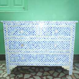 Designer Bone Inlay Blue Moroccan Pattern Chest Of 4 Drawers - thumbnail 2