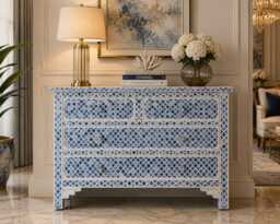 Designer Bone Inlay Blue Moroccan Pattern Chest Of 4 Drawers
