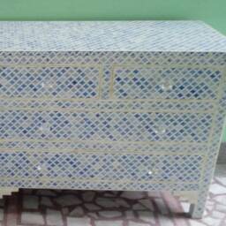 Designer Bone Inlay Blue Moroccan Pattern Chest Of 4 Drawers - thumbnail 3
