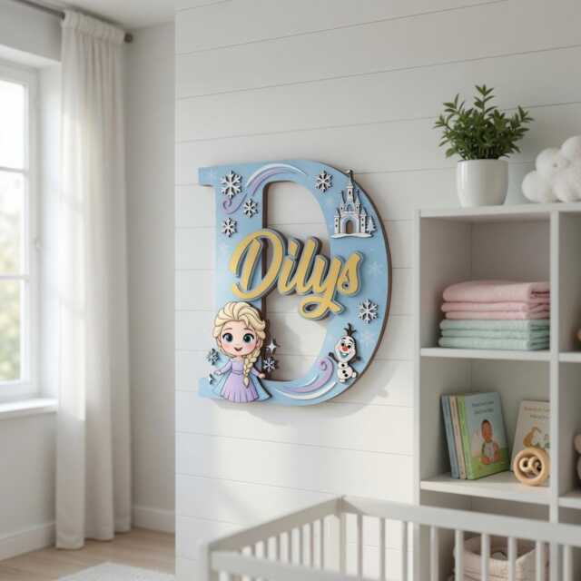 Personalized Elsa & Olaf Name Sign With Initial, Layered Wooden Nursery Wall Decor, Custom Baby Plaque, Frozen Theme Letter - image 1
