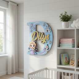 Personalized Elsa & Olaf Name Sign With Initial, Layered Wooden Nursery Wall Decor, Custom Baby Plaque, Frozen Theme Letter - thumbnail 1
