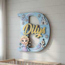 Personalized Elsa & Olaf Name Sign With Initial, Layered Wooden Nursery Wall Decor, Custom Baby Plaque, Frozen Theme Letter - thumbnail 3