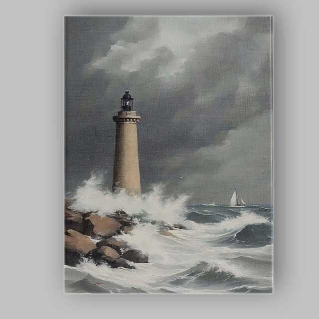 stormy Coastal Lighthouse Ocean Waves Seascape Painting Canvas Wall Art Print Decor Picture Ready To Hang - image 1