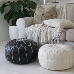 Handmade White Stitching Moroccan Leather Pouf Ottoman, Unfilled - thumbnail 3