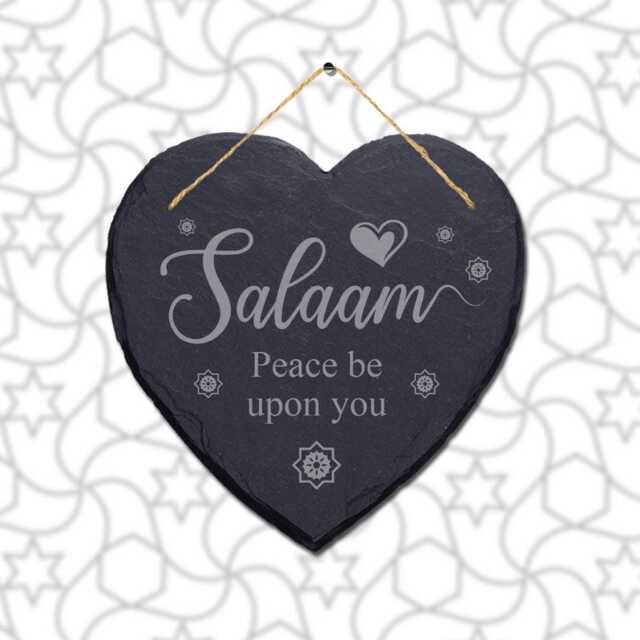 Salam Peace Be Upon You Engraved Islamic Wall Hanging Slate Heart Plaque Sign - image 1