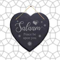 Salam Peace Be Upon You Engraved Islamic Wall Hanging Slate Heart Plaque Sign - thumbnail 2