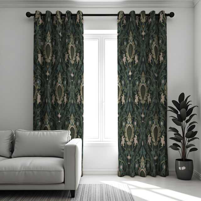Dark Green Art Nouveau Curtains, Botanical Drapes, Classic Floral Pattern, Made To Measure Window Panels - image 1