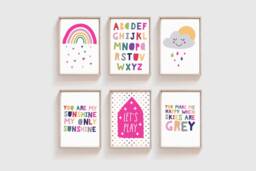 Set Of 6 Girls Nursery Prints, Rainbow Bedroom Wall Art, Rainbow, Playroom Pink - thumbnail 1