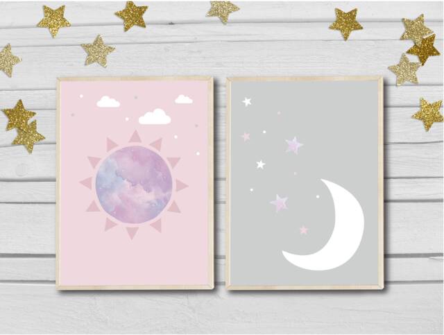 Nursery Prints Set Of 2 Sun & Moon For Nursery Pink Grey Night Day Cloud - image 1