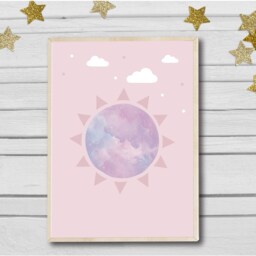 Nursery Prints Set Of 2 Sun & Moon For Nursery Pink Grey Night Day Cloud - thumbnail 2
