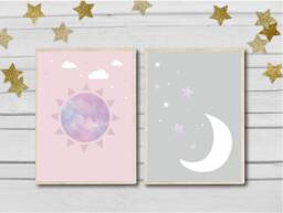 Nursery Prints Set Of 2 Sun & Moon For Nursery Pink Grey Night Day Cloud - thumbnail 1