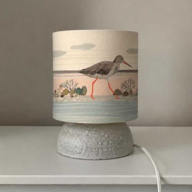 Handmade Pebble-Inspired Table Lamp With Sandpiper Lampshade - Coastal Nature Rustic Shelf Lighting - image 1