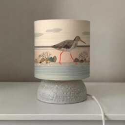 Handmade Pebble-Inspired Table Lamp With Sandpiper Lampshade - Coastal Nature Rustic Shelf Lighting - thumbnail 1