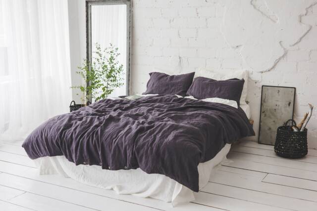 Washed Linen Bedding Set Dark Aubergine Flax, Handmade - image 1