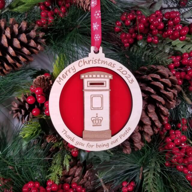 Postman Christmas Gift, Postie Tree Decoration, Postwomen, Personalised Royal Mail Worker Xmas Name Hanger, Add & Year Any Message - image 1