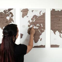 World Map Cork Push Pin Board Travel Wall Art Map, Oak Wood Or Wooden Decor, 3 Panel Feature Art, Gift Anniversary - thumbnail 2