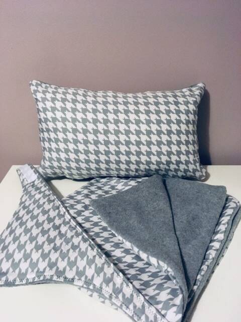 Reduced - Monochrome Houndstooth Nursery Set The Perfect New Baby Gift Grey & White Blanket, Cushion & Bib - image 1