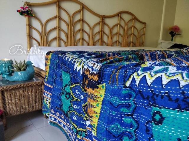 Blue Boho Kantha Throw Quilt, Blanket Coverlet, Bedding, Eclectic Throw, Bohemian Bedding - image 1