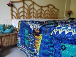 Blue Boho Kantha Throw Quilt, Blanket Coverlet, Bedding, Eclectic Throw, Bohemian Bedding - thumbnail 1