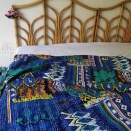 Blue Boho Kantha Throw Quilt, Blanket Coverlet, Bedding, Eclectic Throw, Bohemian Bedding - thumbnail 3