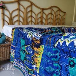 Blue Boho Kantha Throw Quilt, Blanket Coverlet, Bedding, Eclectic Throw, Bohemian Bedding - thumbnail 2