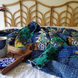 Blue Boho Kantha Throw Quilt, Blanket Coverlet, Bedding, Eclectic Throw, Bohemian Bedding - thumbnail 4