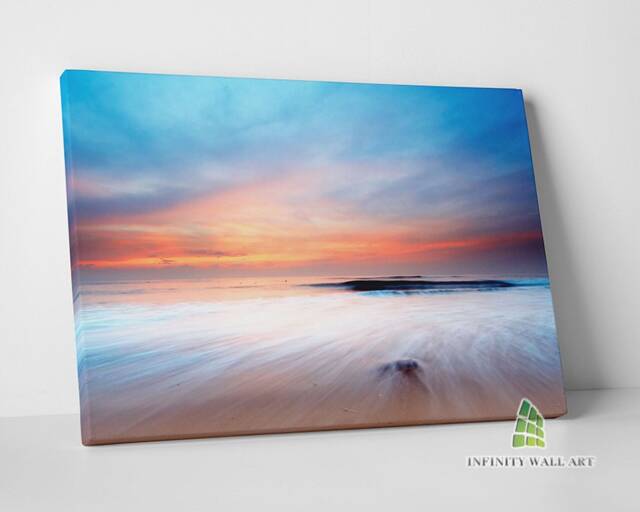 Cool Blue Sunset On Serene Beach Sea Canvas Art Wall Print Picture Ready To Hang Framed Home Decor -C222 - image 1