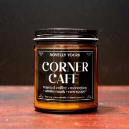 Soy Candle - Corner Cafe Coffee Scented Gift, Moody Amber Glass Jar, Coffeeshop Coffeehouse Fragrance, Holographic Label 9Oz