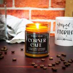 Soy Candle - Corner Cafe Coffee Scented Gift, Moody Amber Glass Jar, Coffeeshop Coffeehouse Fragrance, Holographic Label 9Oz - thumbnail 2