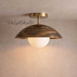 Mid Century Modern Brass Flush Mount Ceiling Light - Patinated Hammered Dome & Opal Glass Globe Retro Hallway Bedroom Or Kitchen