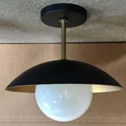 Mid Century Modern Brass Flush Mount Ceiling Light - Patinated Hammered Dome & Opal Glass Globe Retro Hallway Bedroom Or Kitchen - thumbnail 2