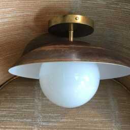 Mid Century Modern Brass Flush Mount Ceiling Light - Patinated Hammered Dome & Opal Glass Globe Retro Hallway Bedroom Or Kitchen - thumbnail 3